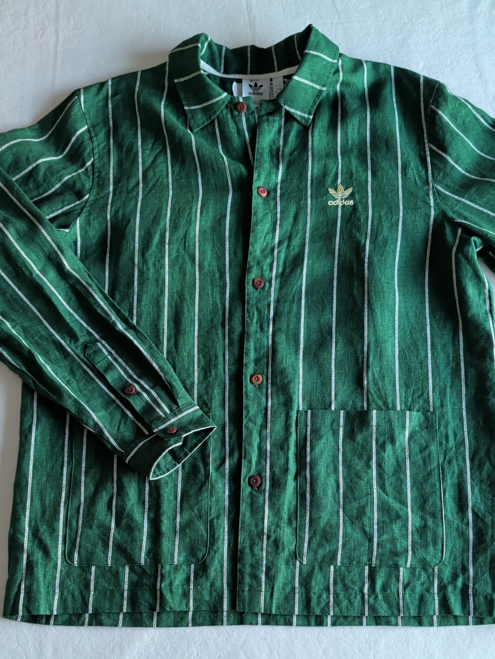 Rare Adidas Green & White Vertical Stripe Lightweight Shirt Jacket Men's Large